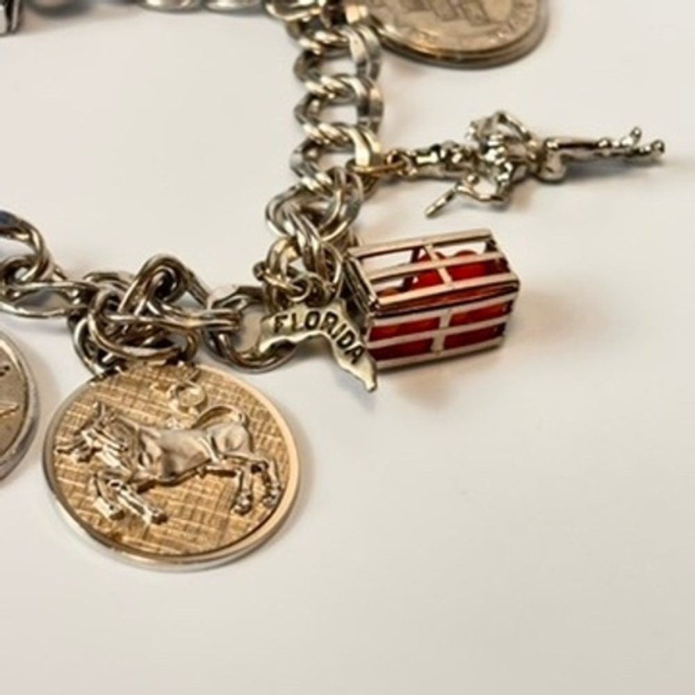 Vintage Sterling Silver Charm Bracelet Silver Travel Souvenir Coins Florida Boho - Picture 4 of 16